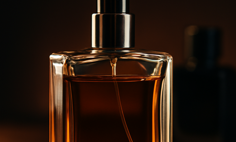 Close-up of a sleek men's perfume bottle filled with amber liquid, set against a dark brown-to-black background, with soft lighting creating a luxurious feel.