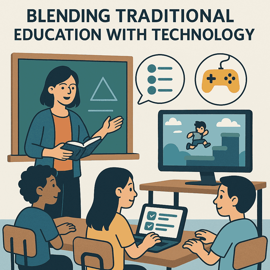 Illustration of a teacher using both a chalkboard and digital tools in a blended learning classroom. Students work on laptops while a gamified learning activity is displayed on a screen. Speech bubbles show icons for communication and gaming, representing the fusion of traditional education and modern technology.